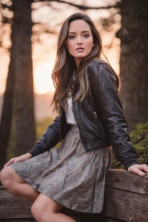 photo of S166_MerrittPatterson, a stylish woman, at a (forest-cottage:1.1), wearing a (jacket) and a (skirt), (sunset:1.1), (8k, RAW photo, best quality, depth of field, ultra high res:1.2), (absurdres, intricate, photorealistic, masterpiece, ultra-detailed:1.3)