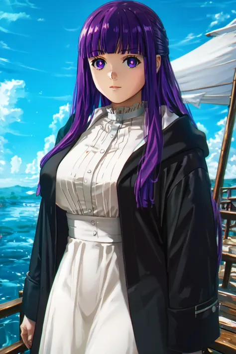 <lora:Logan_Cure_-_Style:1> , <lora:SousouNoFrieren_FernXL:0.8> FernSSnF,purple hair, long hair, purple eyes, bright pupils, blunt bangs,large breasts,FernCasual, white dress, black robe, open clothes, hood, frilled collar, Score_9, Score_8_up, Score_7_up, Score_6_up, Score_5_up, Score_4_up, BREAK,1girl in full growth, best quality, masterpiece, ultra-detailed, high quality,good quality,1 girl,(master piece,high resolution, ultra detailed,8K,16K),look at viewer