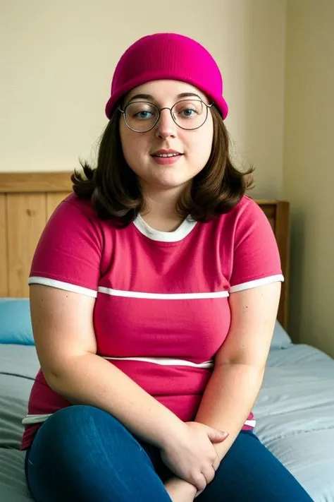 (old color photo) of beautiful teenage MEG GRIFFIN, glasses, pink beanie, round face, chubby, analog style, modelshoot style, 35mm, vignette, intricate detail, portra, <lora:megGriffin_v10:0.7>
