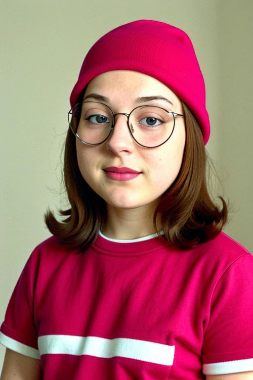 (old color photo) of beautiful teenage MEG GRIFFIN, glasses, pink beanie, round face, chubby, analog style, modelshoot style, 35mm, vignette, intricate detail, portra, <lora:megGriffin_v10:0.7>