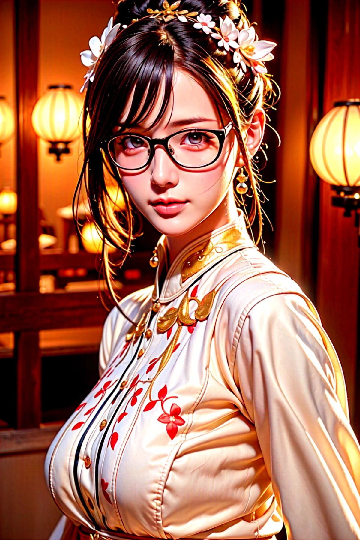 Urzang-6500-v1.1, (RAW photo something: 1.2) , (photorealistic: 1.4) , beautiful detailed girl, very detailed eyes and face, beautiful detailed eyes, ridiculous, incredibly ridiculous, huge file size, super detailed, super high resolution, very detailed, best quality, masterpiece, ((colorful fashion clothing)) , illustration, very detailed, CG, unified, 8K wallpaper, stunning, fine detail, masterpiece, best quality, very detailed CG uniform 8k wallpaper, face lighting, movie lighting, 1 girl, , long white hair, side boobs, (bespectacled) , (dynamic pose) , (sexy naked girl pose) , (camel toe) , (half) , (jumpsuit) , (black buns), xiqing