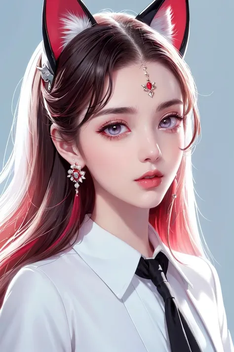 (masterpiece),(best quality), close-up, make up portrait, pink eye shadow, red lips, ultra-high resolution, extremely complex details, Cat's ears, red eyes,(white shirt and black suit:1.3), long hair, facing the lens, front, a girl, light blue background, earrings, necklace, headwear