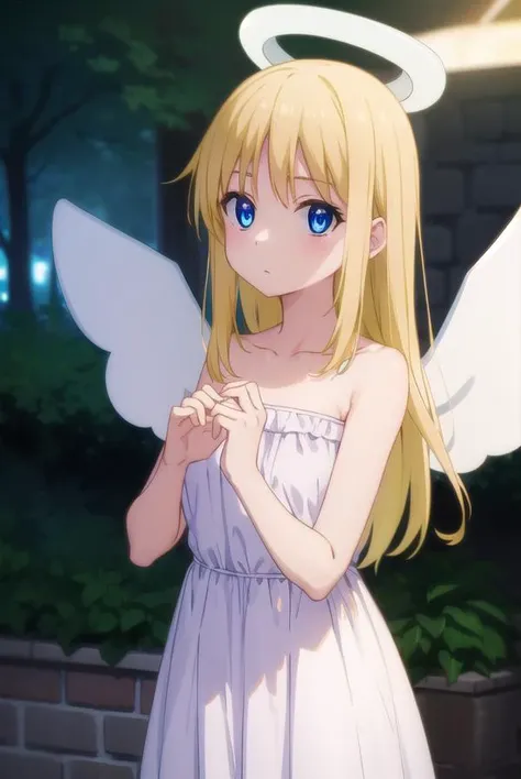 crimvael, <lora:crimvael s1-lora-nochekaiser:1>,
crimvael, long hair, blue eyes, blonde hair,
BREAK dress, bare shoulders, collarbone, wings, white dress, strapless, halo, strapless dress, angel wings, white wings, angel,
BREAK outdoors,
BREAK looking at viewer, (cowboy shot:1.5),
BREAK <lyco:GoodHands-beta2:1>, (masterpiece:1.2), best quality, high resolution, unity 8k wallpaper, (illustration:0.8), (beautiful detailed eyes:1.6), extremely detailed face, perfect lighting, extremely detailed CG, (perfect hands, perfect anatomy),