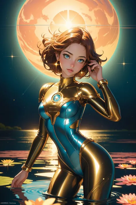 Pearl,short orange hair, big Breasts, forehead jewel, half-open eyes, pointy hair, pointy nose, ,Blue leotard with tiny gold star on front, teal sash, yellow bike shorts, pink socks, bare shoulders ,sleeveless, nighttime, beach, stars, (insanely detailed,beautiful detailed face, masterpiece, best quality) standing, smiling , solo, upper body