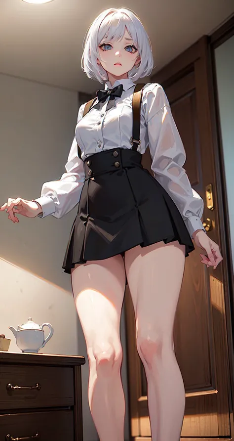 ((masterpiece,best quality))1girl, <lora:add_detail:-1>, short skirt, short hair, (thick legs:1), cute face <lora:frombelow:0>, white hair, looking down, confused face, glow, in the room, in the house, realistic shadows, raytracing <lora:hairdetailer:1>, sfw, shcool uniform