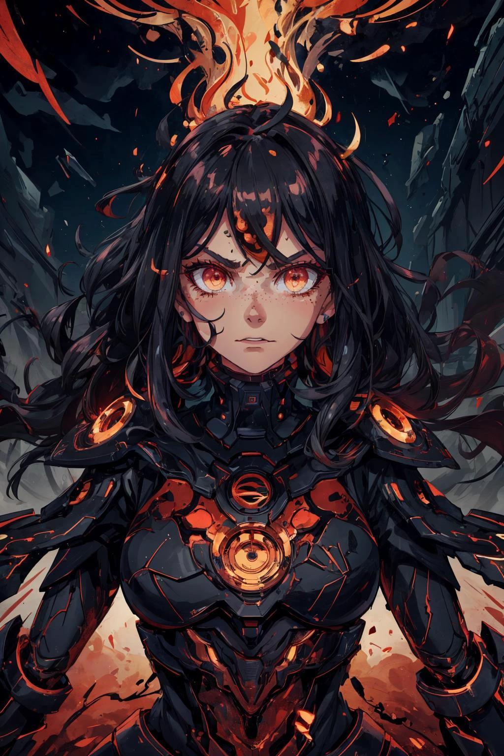 maximum details, cinematic, abstract art, stylized, <lora:add_detail:0.5>, <lora:epi_noiseoffset2:0.5>,
1 girl, adult german woman, freckles, coral eyes, black long hair,
solo, upper body, detailed background, detailed face, (<lora:InfraBlackholeTech:0.6>, warp, excessive energy, inblackholetech theme:1.1), (glowing eyes:1.05), angry expression, dark warrior, vampiric, black clothes, plated armor, cape, floating particles, embers, monsters in background, desolate landscape in background, dark sinister atmosphere, stormclouds, dark night,
<lora:pxxl:0.6>, pxll,