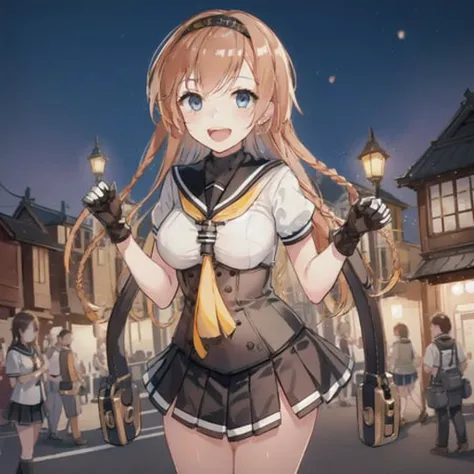 teruzuki, 1girl, solo, long_hair, breasts, looking_at_viewer, blush, smile, open_mouth, blue_eyes, skirt, large_breasts, brown_hair, hair_ornament, gloves, school_uniform, braid, short_sleeves, cowboy_shot, pleated_skirt, hairband, serafuku, white_gloves, miniskirt, black_skirt, sailor_collar, twin_braids, neckerchief, grey_eyes, headband, light_brown_hair, clothes_writing, corset, yellow_neckerchief, hachimaki, propeller_hair_ornamentmasterpiece, best quality, medieval cityscape, lanterns, oil lanterns, medieval houses, at night, night illumination, tokyo, street scenery