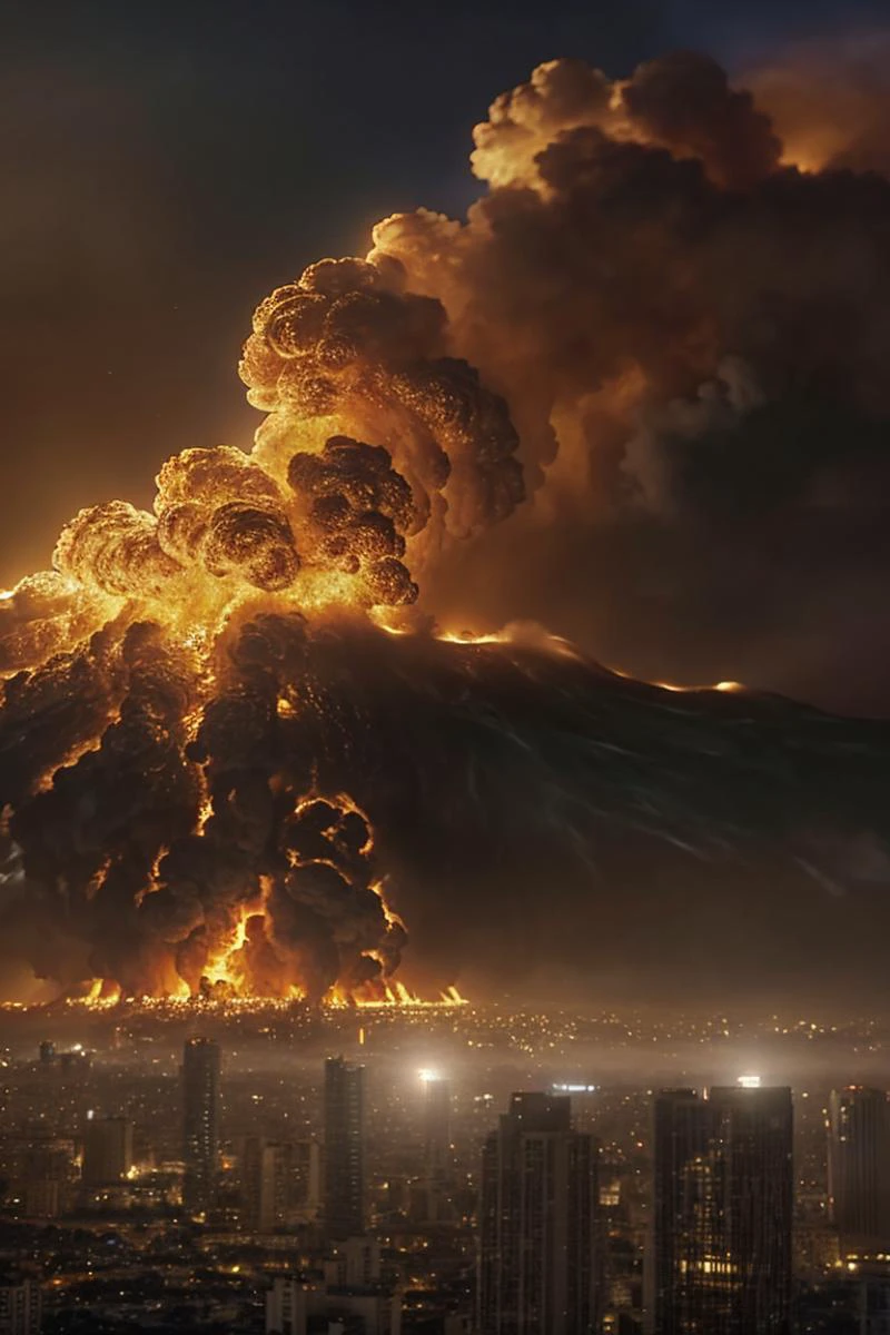 <lora:ChaosEngine-v1:0.7>
a (giant wave made of fire covering the horizon) destroying a (massive city with tall buildings on fire) and rubble on the streets, lightnings storm BREAK
CHSNGN, at night time, cinematic look, godrays, lens flare, moonlight, intrincate details, ultra realistic, sharp focus