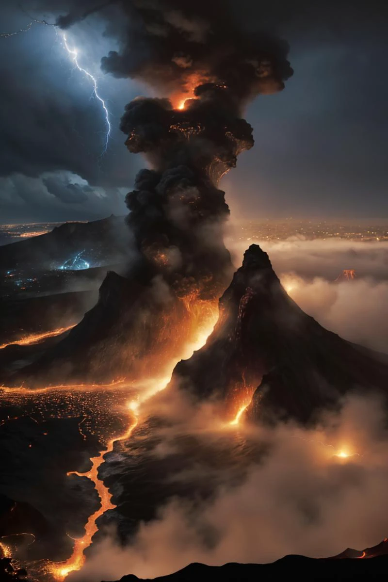 <lora:ChaosEngine-v1:0.7>
a (giant wave made of lava) destroying a massive city with tall buildings on fire and rubble, lava flooding on the streets, lightnings storm BREAK
CHSNGN, view from above, at night time, cinematic look, godrays, lens flare, moonlight, intrincate details, ultra realistic, sharp focus
