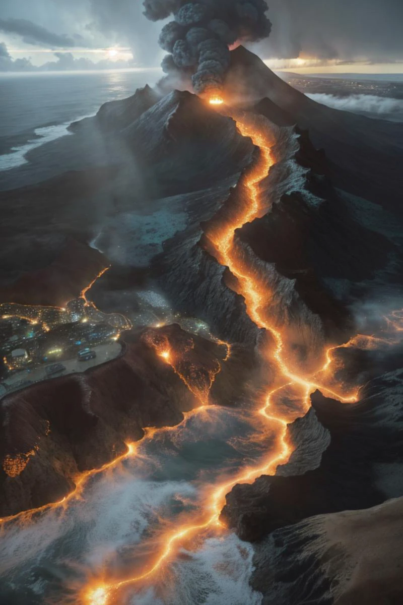 <lora:ChaosEngine-v1:0.7>
a (giant wave made of lava) destroying a massive city with tall buildings on fire and rubble, lava flooding on the streets, lightnings storm BREAK
CHSNGN, view from above, at night time, cinematic look, godrays, lens flare, moonlight, intrincate details, ultra realistic, sharp focus