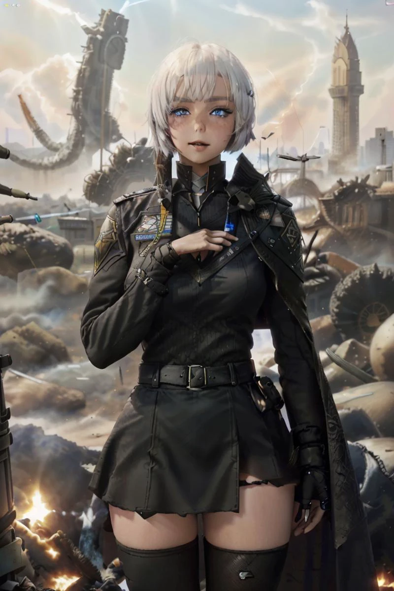 <lora:ChaosEngine-v1:0.7><lora:LiliweissX_V1:0.8>
a (thin tall liliweissx) looking at camera (with a casual smile), (cobalt blue eyes), seductive look, (white hair bob cut) BREAK
(black military uniform, (buttoned up black shirt with long sleeves), skirt, cape, ((white gloves))), pantyhose, high heel boots, earrings BREAK
(at day time in a burning city ruins battlefield, giant robots destroyed in the background) BREAK
sharp focus, dutch angle, dolly zoom, lens flare, spot lights, deep shadows, intricate details