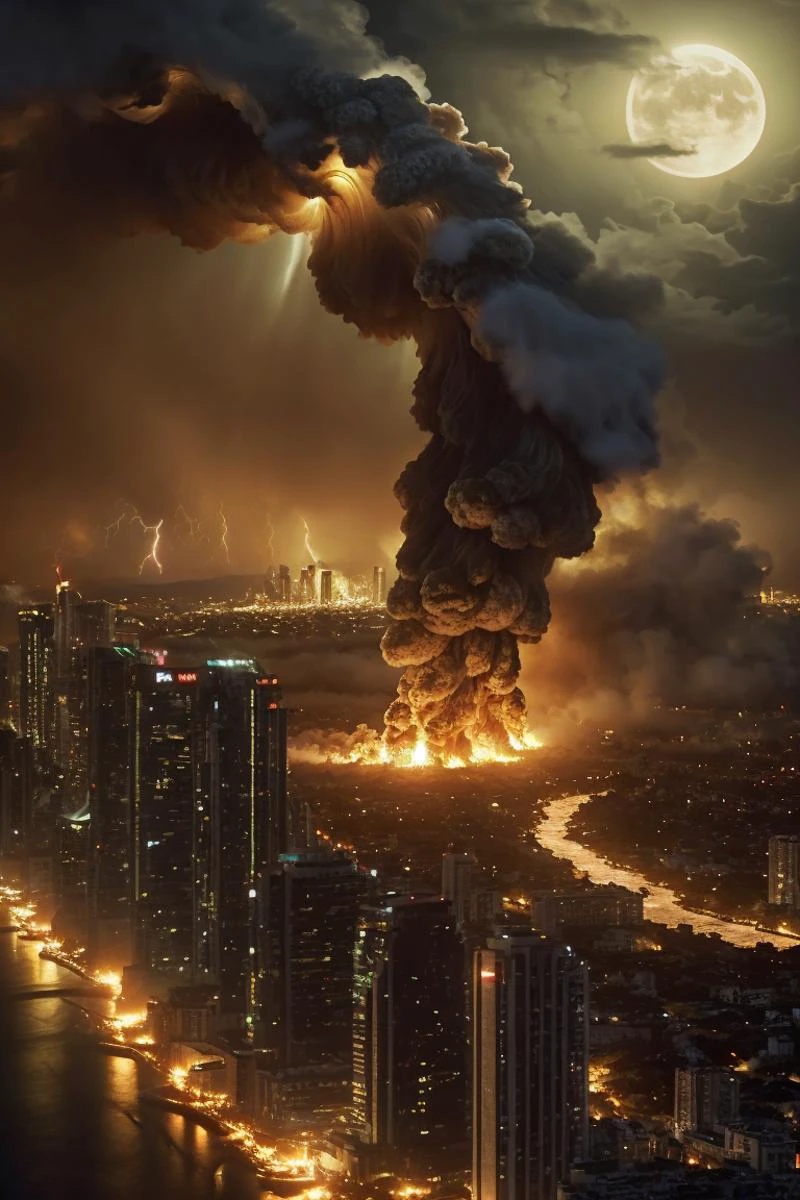 <lora:ChaosEngine-v1:0.7>
a (giant wave made of fire covering the horizon) destroying a (massive city with tall buildings on fire) and rubble on the streets, lightnings storm BREAK
CHSNGN, at night time, cinematic look, godrays, lens flare, moonlight, intrincate details, ultra realistic, sharp focus