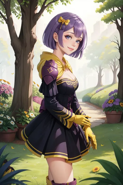 masterpiece, best quality, warBernie, purple dress, cleavage, hair bow, yellow gloves, purple boots, looking at viewer, smile, from side, flowers, trees <lora:bernadetta-nvwls-v2-000012:0.9>