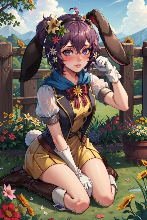 masterpiece, best quality, sprBernie, fake bunny ears, hair flower, yellow dress, short sleeves, white gloves, brown boots, wariza, looking at viewer, blushing, paw hands, garden, spring, flowers <lora:bernadetta-nvwls-v2-000012:0.8>