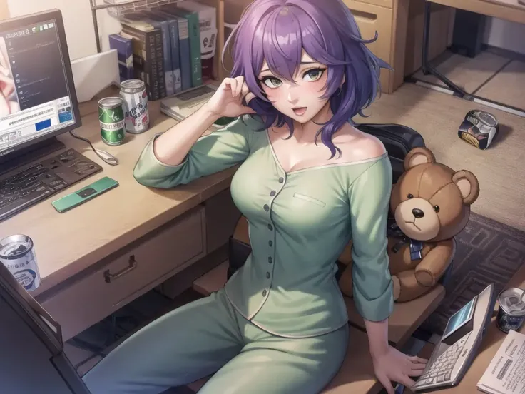 masterpiece, ultra high quality cg, best quality, 1girl, bernadetta_(student), messy hair, casual clothes, green pajamas, sitting at computer desk, computer monitor, keyboard, messy bedroom, can of soda sitting on a desk, teddy bear