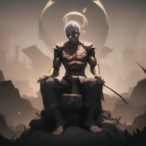 ((masterpiece, best quality)),(complex light),solo,solo focus,1boy,asura, <lora:AsuraWrath1-10:0.6>,white hair, glowing eyes, closed mouth,standing, golden arms,[detailed ambient light],4k,highres,deity, golden halo, sitting on pile of corpses, shadow over face, ominous , chain, chained, detailed face, intricate
