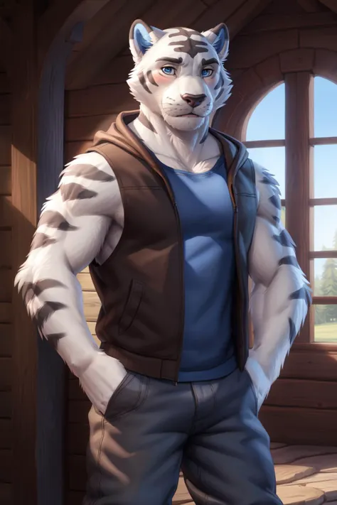 solo,anthro,furry,furry male, White Fox ((fluffy fur,fluffy,furry body)),Full Body,Muscular, Bara, Very Tall Athletic, Jade Green eyes,((bright green eyes)), Blue tail tip, Blue ear tips,Short Messy Hair, White hair, Wrist guards, Ankle Guards,Smirking Expression, Looking at viewer, standing pose, arms crossed, Wearing Black shirt, Gold and red Shorts, Outdoors,Looming over, Forest Background, Detailed clothes, bulge, Detailed face, (masterpiece, high quality,hi-res,8k had), High Resolution, High Detail,