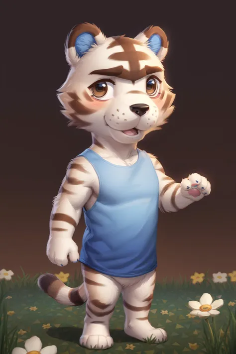 <lora:rolf-05:1>, rolfac, white fur, bara, tail, blue ears, (pose:1.3), (posing:1.3), (soft shading), 4k, hi res, five fingers, detailed hands, ((detailed face, (detailed eyes:1.0), detailed)), by zackarry911, by zaush, (by personalami:0.5), looking at viewer, blush, open mouth, simple background, shirt, 1boy, holding, bare shoulders, brown eyes, standing, full body, flower, male focus, sleeveless, flat chest, gradient, gradient background, sleeveless shirt, bottomless, half-closed eyes, happy, grass, blue shirt, brown background, body fur, straight-on, animal nose, brown fur, two-tone fur, striped tail, chibi, animal crossing, animal crossing style,