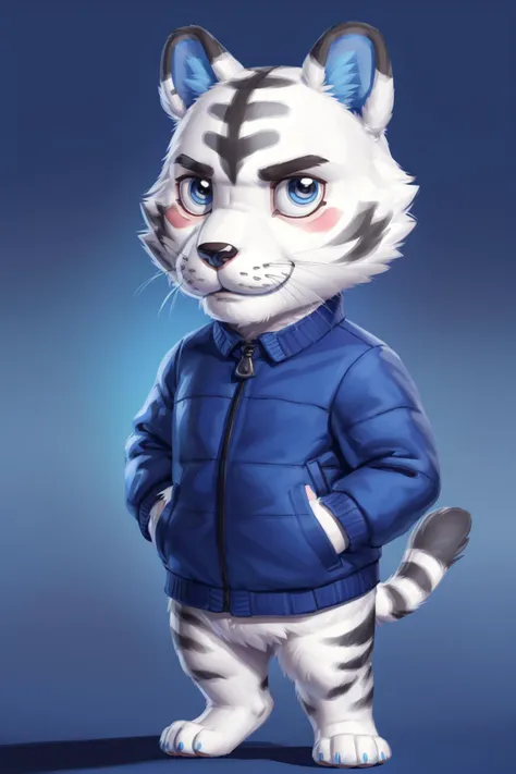 <lora:rolf-05:1>, rolfac, white fur, bara, tail, blue ears, (pose:1.3), (posing:1.3), (soft shading), 4k, hi res, five fingers, detailed hands, ((detailed face, (detailed eyes:1.0), detailed)), by zackarry911, by zaush, (by personalami:0.5), looking at viewer, smile, simple background, 1boy, standing, jacket, full body, grey hair, male focus, hand up, black eyes, facial hair, blue background, blue jacket, claws, outline, white outline, animal nose, whiskers, chibi, animal crossing, animal crossing style,