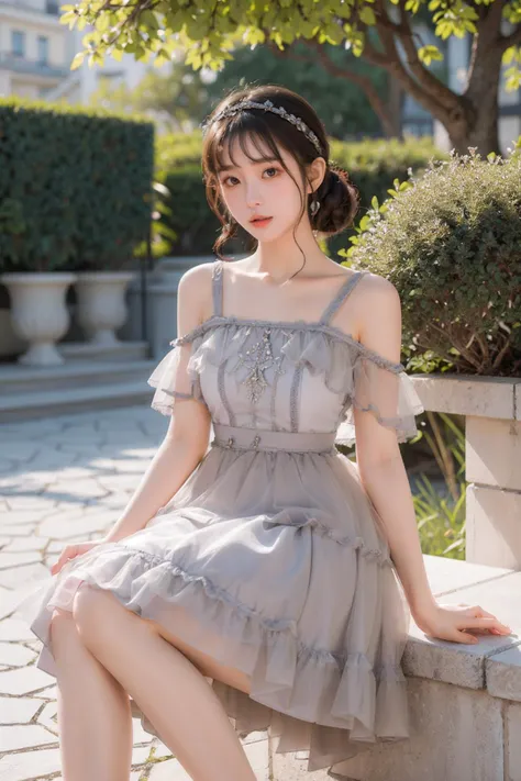Best quality, masterpiece, ultra high res, raw photo, beautiful and aesthetic,deep shadow, dark theme,(photorealistic:1.4),
(qyc \(manaka nemu\), 1girl, dress, braid),outdoors, ((((garden, paris)))),