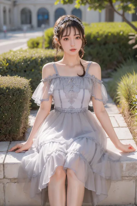 Best quality, masterpiece, ultra high res, raw photo, beautiful and aesthetic,deep shadow, dark theme,(photorealistic:1.4),
(qyc \(manaka nemu\), 1girl, dress, braid),outdoors, ((((garden, paris)))),