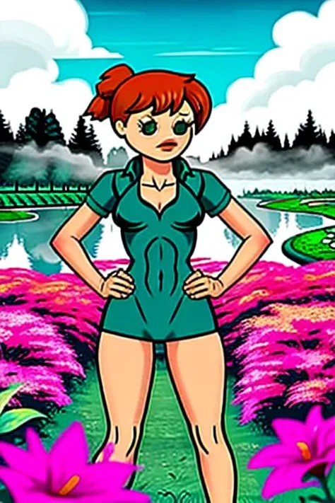 a photo of Misty in school uniform, explosm, cyanide, slim waist, thick thighs, wide hips, in a park, bright clear day, hands on hips, surrounded by flowers
<lora:cah:0.85>
<lora:Misty:0.65>