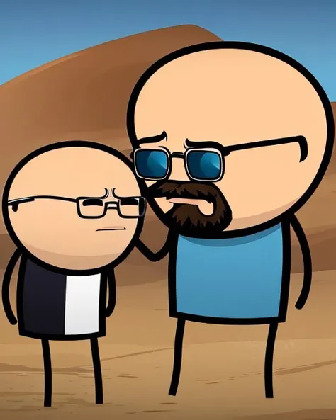 <lora:cah:1> chibi, cah, parody, meme, solo, 1boy, bald, glasses, walter white, heisenberg, breaking bad, desert background, male focus, best quality