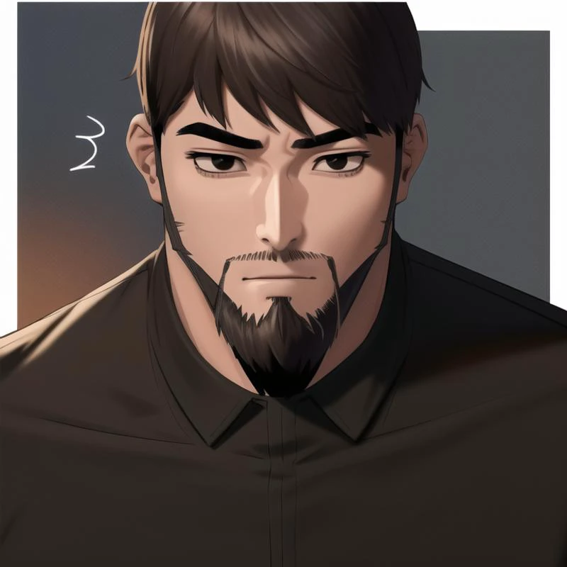 Hyun:1.4, 1man, face focus, close up,  solo, adult:1.4, tall, muscular, short beard, black suit, closed mouth, looking at viewer, Kingdom Style  <lora:Hyun_Locon:0.5> <lora:KingdomStyle_v3.2:0.5>