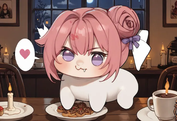 score_9, score_8_up, score_7_up BREAK  1girl, solo, doro, creature, chibi, :3, no humans, solid circle eyes, spoken heart, white skin, pink hair, purple eyes, hair bun, hair bow, no pupils, cute fangs, night, candles, coffee mug, dinner, indoors  <lora:poch4n_pd:1> <lora:Doro_X_PDXL_V1:1>