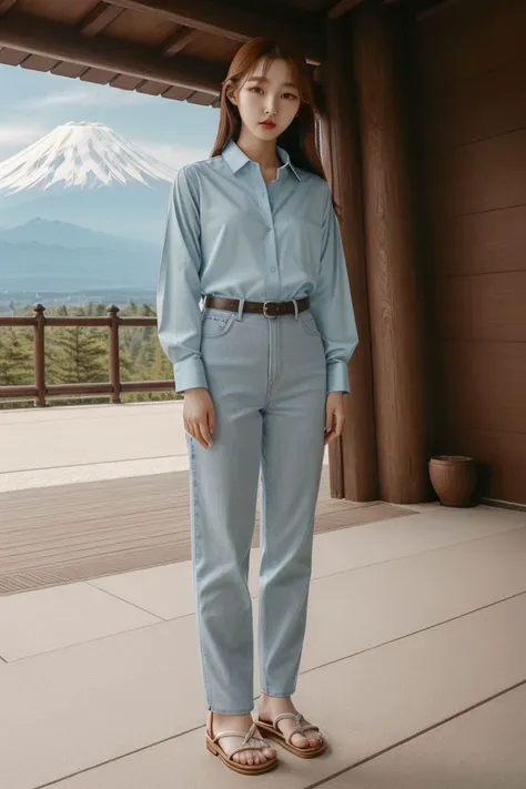 <lora:kim_hee_jeong_obj20:0.5>, full_body, standing, sandals, (shirt), pants, (mount fuji), (kim_hee_jeong: 1.2), perfect face, (contact iris: 1.1), pale skin, skin pores , depth of field