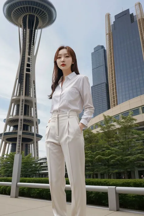 <lora:kim_hee_jeong_obj20:0.5>, full_body, standing, sandals, (shirt), pants, (seattle space needle), (kim_hee_jeong: 1.2), perfect face, (contact iris: 1.1), pale skin, skin pores , depth of field
