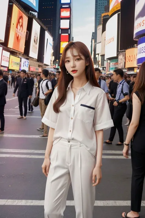 <lora:kim_hee_jeong_obj20:0.5>, full_body, standing, sandals, (shirt), pants, (times square), (kim_hee_jeong: 1.2), perfect face, (contact iris: 1.1), pale skin, skin pores , depth of field