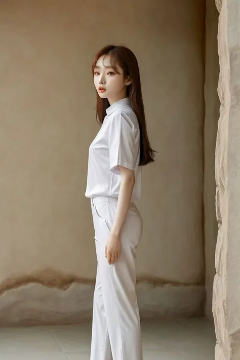 <lora:kim_hee_jeong_obj20:0.5>, full_body, standing, sandals, (shirt), pants, (great wall of china), (kim_hee_jeong: 1.2), perfect face, (contact iris: 1.1), pale skin, skin pores , depth of field
