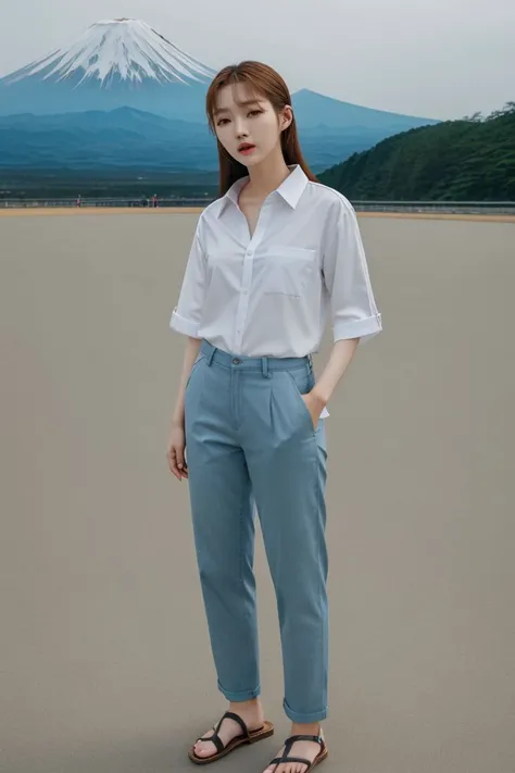 <lora:kim_hee_jeong_obj20:0.5>, full_body, standing, sandals, (shirt), pants, (mount fuji), (kim_hee_jeong: 1.2), perfect face, (contact iris: 1.1), pale skin, skin pores , depth of field