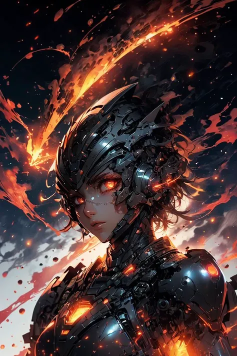 glowing eyes, glow, flames, <lora:Mecha warrior Mecha_20230621092507:0.5> Mecha warrior, Mecha,(Warm Colors:1.3), shiny, shiny hair, shiny skin, shiny clothes