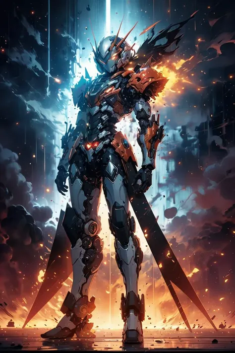 glowing eyes, glow, flames, <lora:Mecha warrior Mecha_20230621092507:0.5> Mecha warrior, Mecha,(Dichromatic:1.3), shiny, shiny hair, shiny skin, shiny clothes