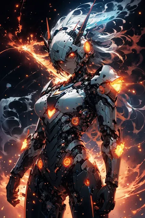 glowing eyes, glow, flames, <lora:Mecha warrior Mecha_20230621092507:0.5> Mecha warrior, Mecha,(Mono Color:1.3), shiny, shiny hair, shiny skin, shiny clothes