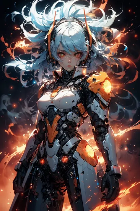 glowing eyes, glow, flames, <lora:Mecha warrior Mecha_20230621092507:0.5> Mecha warrior, Mecha,(Pastel Colors:1.3), shiny, shiny hair, shiny skin, shiny clothes