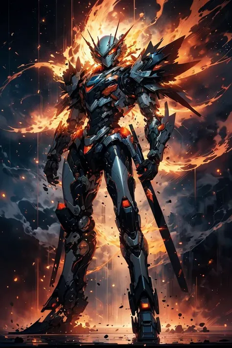 glowing eyes, glow, flames, <lora:Mecha warrior Mecha_20230621092507:0.5> Mecha warrior, Mecha,(Saturated:1.3), shiny, shiny hair, shiny skin, shiny clothes