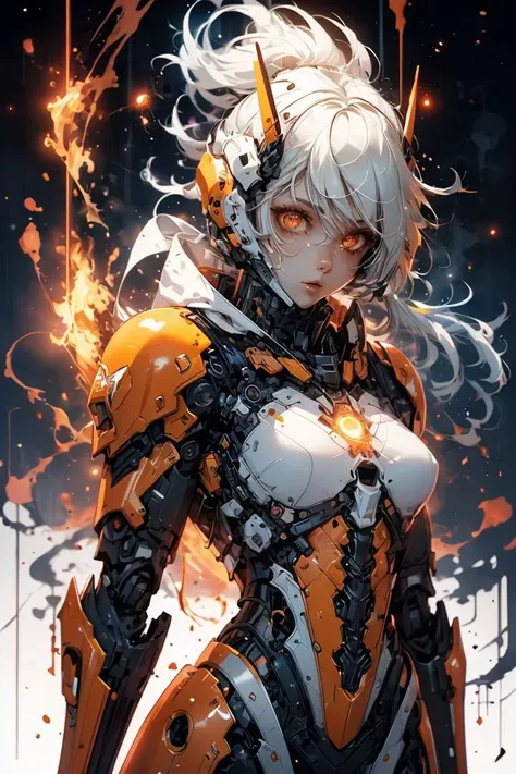 glowing eyes, glow, flames, <lora:Mecha warrior Mecha_20230621092507:0.5> Mecha warrior, Mecha,(Warm Colors:1.3), shiny, shiny hair, shiny skin, shiny clothes