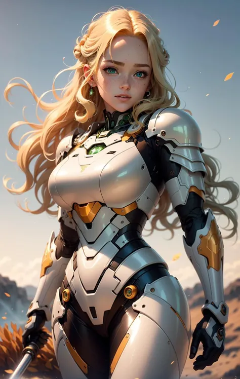 <lora:Mecha warrior Mecha_20230621092507:0.4> Best quality, masterpiece,  Graceful curve, (young, curly blonde hair, freckles, BIG beautiful anime eyes, SPARKLING green EYES), slight smile, Mecha warrior, amber armor, flowing, blowing in the wind, simple Gradient background