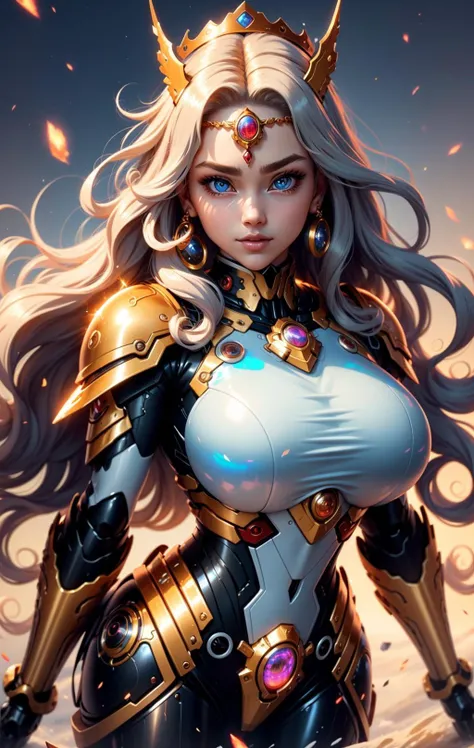 <lora:Mecha warrior Mecha_20230621092507:0.4> Best quality, masterpiece, Graceful curve, (young, curly opal hair, beautiful face, BIG beautiful anime eyes, SPARKLING blue EYES), slight smile, Mecha warrior, red armor, flowing, blowing in the wind, simple Gradient background, gold crown