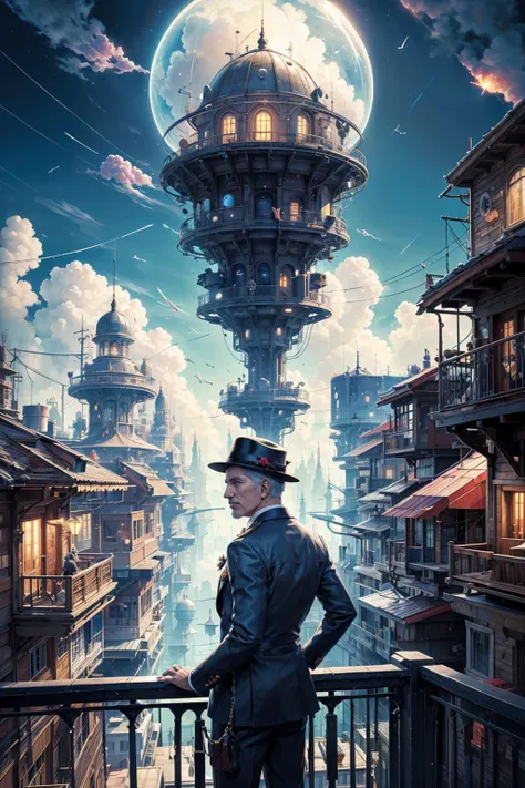 (1man, old spanish male:1.2), hazel eyes, gray hair, short back and sides,
(character focus:1.1), portrait, solo, half shot, detailed background, detailed face, (<lora:teslapunkai_v20:0.4>, teslapunkai, retro-futuristic theme:1.1), aristocratic pose, ruling class, elegant clothing, elegant hat, looking up at floating (cloud city:1.1), cloudtop sky-city, floating platforms, floating buildings, dome, balcony, railing, bridges, clouds in background, epic atmosphere, glowing brown lights,
<lora:PsyAI_128:0.4>, PsyAI,