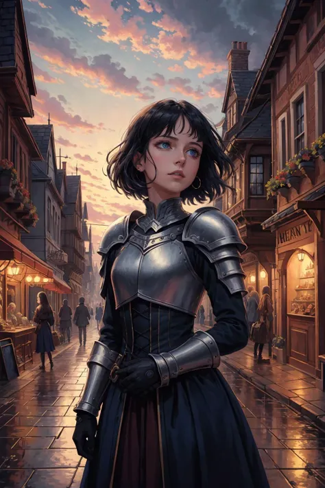 (masterpiece, best quality), game cg cinematic,
1 girl, adult woman, light blue eyes, black straight hair,
portrait, solo, half shot, looking up, detailed background, detailed face, ( dark fantasy theme:1.1), sentry, defending, watchful, leather gauntlets, heraldry, dark blue banner, town square in background, sunset, medieval atmosphere,
<lora:PsyAI_128:0.4>, PsyAI,