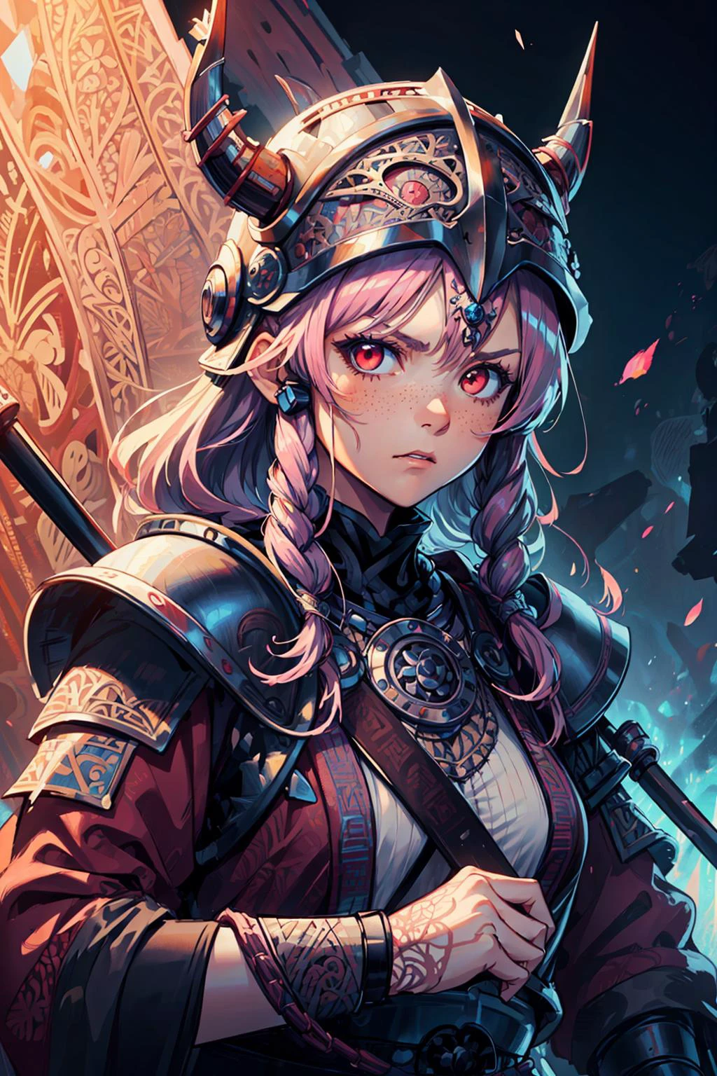 (best quality:1.4), (intricate details:1.2), hyperrealistic, digital artwork,
1 girl, adult british woman, freckles, red eyes, white crimped hair,
solo, (full body:0.6), looking at viewer, detailed background, detailed face, (<lora:CulturePunkBundle:0.6>, vikingpunkai, norse viking theme:1.1), ronin, pink samurai clothing, samurai helmet, aggressive expression, bushido, battlefield in background, cinematic atmosphere,
<lora:PsyAI_128:0.4>, PsyAI,