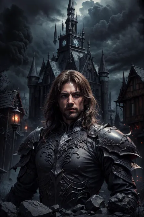 best quality, masterpiece, ultra high res, (photorealistic:1.4), raw photo, <lora:add_detail:1>
(1man, thin adult italian male:1.2),  dark brown eyes, natural blonde hair, fade with sideburns,
 solo, upper body, detailed background, detailed face, (<lora:GothicHorrorAI:0.5>, gothichorrorai, gothic theme:1.1),  (angry battle-cry:0.8), dark death knight, tyrannical, gray clothes, thorned armor, cape,   floating particles, rocks, monsters in background, black battlefield in background, misty dark sinister atmosphere, stormclouds, 
<lora:PsyAI_128:0.4>, PsyAI,
