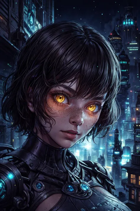 (best quality, masterpiece:1.2), photorealistic, thick outlines, strong shadows, <lora:add_detail:0.75>,
1 girl, adult czech woman, freckles, yellow eyes, medium brown wedge cut hair,
portrait, looking at viewer, solo, half shot, detailed background, close up, detailed face, (bioshock theme:1.1), futuristic glowing digital steel armor, cape, modules, cybernetic implants, dynamic pose, epic galactic futuristic city in background, white lights, lens flare, explosions, hologram, cinematic atmosphere,
<lora:PsyAI_128:0.4>, PsyAI,