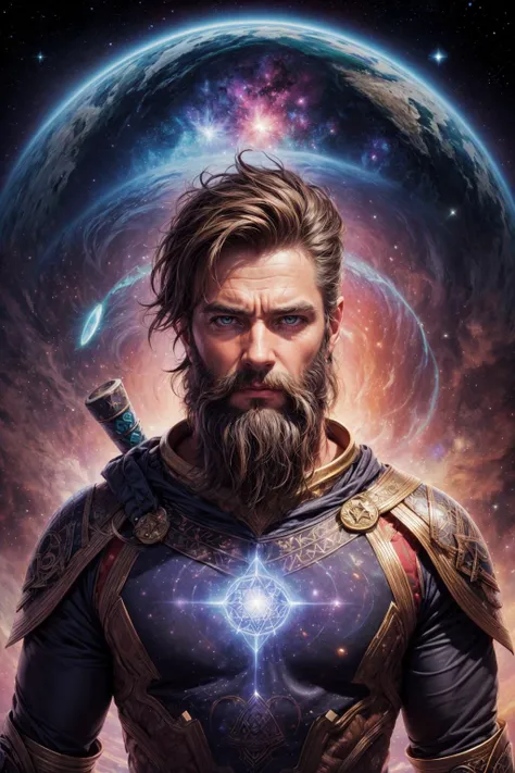 <lora:add_detail:1>
(1man, thin adult jewish male:1.2), red eyes, light brown hair, thick beard,
solo, half shot, looking at viewer, detailed background, detailed face, (tribal celtic barbarian theme:1.1) embodied star constellation, star sign, at peace, benign, scorpio, geometric symbolism, interstellar power, nebula, bright colorful lights, cosmic light, shine, transcendence, backlighting, cosmic space background, otherwordly esoteric atmosphere,
<lora:PsyAI_128:0.4>, PsyAI,