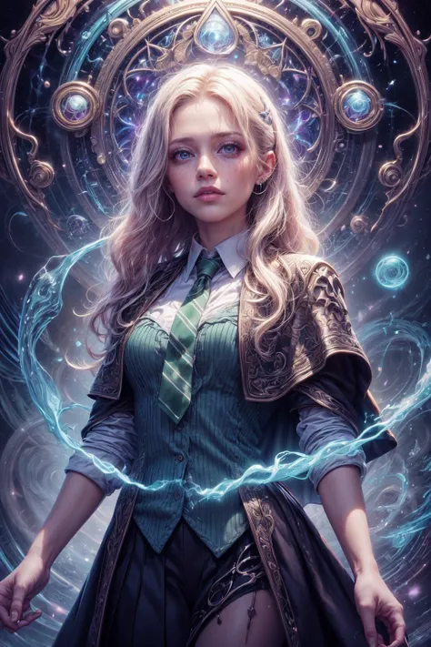 <lora:add_detail:1>
1 girl, adult (elven:0.7) woman, freckles, purple eyes, platinum blonde prom hairstyle,
(style-swirlmagic:1.0), portrait, looking down, solo, upper body, detailed background, detailed face, (<lora:GlyphTech:0.5>, glyphs, glyphtech theme:1.1), hogwarts teacher, playful, (slytherin uniform:1.1), necktie, shirt, cape, dynamic pose, light spell, lumos, shadows, magical forest in background, sunlight,
<lora:PsyAI_128:0.4>, PsyAI,