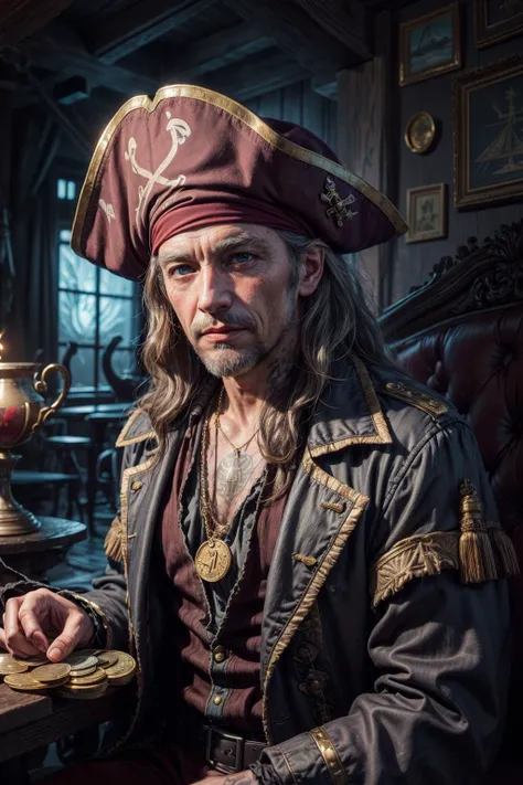 best quality, masterpiece, ultra high res, (photorealistic:1.4), raw photo, <lora:add_detail:1>
(1man, wrinkled face, old male:1.2), frail, blue eyes, graying hair, long hair,
<lora:CulturePunkBundle:0.3>, piratepunkai, skin, character focus, portrait, freckles, looking up, solo, (full body:0.6), detailed background, (grinning:0.7), pirate, simple privateer captain outfit, tattoos, pirate fantasy theme, dark pirate cave, shallow water, bones, stacks of loot, flying gold coins, heaps of gold coins, too much coin to count, doubloons, treasure chests, compass, treasure map, treasure,
<lora:PsyAI_128:0.4>, PsyAI,